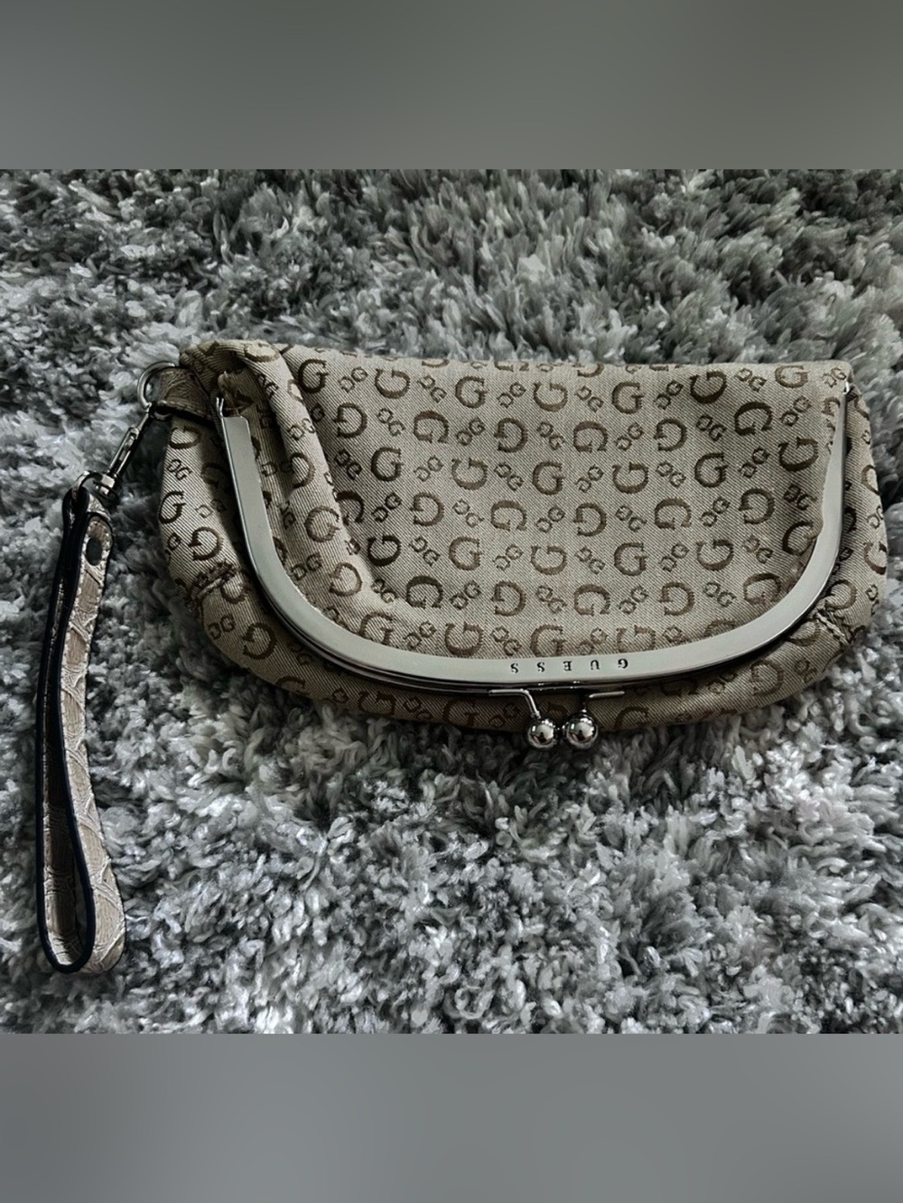 GUESS Beige Logo-Print Wristlet Clutch with Detachable Strap